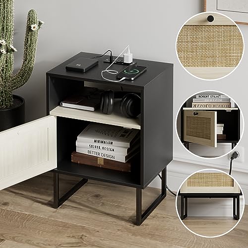 Image of Masupu Boho Night Stand, Small Rattan Side Table, Wood Nightstand with Drawer and Charging Station, Bedside Table with White Shelf, End Table for Bedroom,Living Room,Office (Black Mix White)