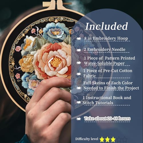 Image of FONNUY Floral Embroidery Kit, Cross Stitch Kits for Beginners, Handmade Crafts with Printed Patterns for Beginner Adults, Easy to Follow Color Thread Needlework, 8'' Hoop (Vibrant Flowers)