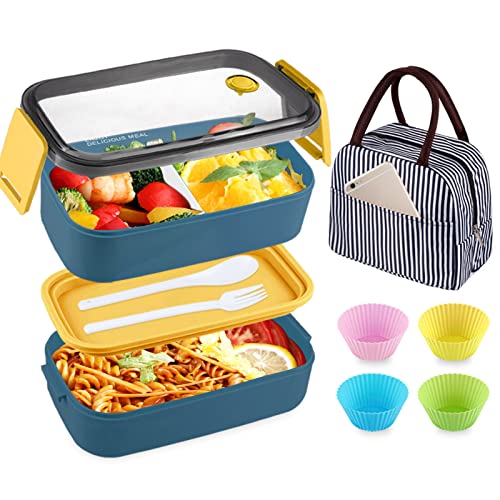 Large Bento Box for Adults, NatraProw 1600ML Stackable Lunch Containers, Cooler Lunch Bag with Containers included, Bento Box Lunch Box with Accessories, BPA Free Microwave Safe Bento Box - Blue