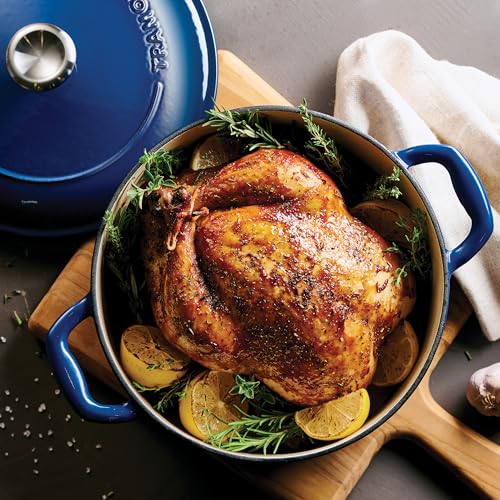 Image of TRAMONTINA Bestow Round Dutch Oven 5.2L with Lid | Enameled Cast Iron Casserole Pot & Biryani Pot | Even Heat Retention | Low Oil Healthy Cooking | No Seasoning Required | All Cooktops Compatible | Blue