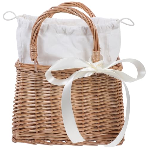 HOOTNEE Cesta Tejida para Almacenamiento de Flores de Ratán y Algodón Blanco Bolso de Mano Práctico y Decoración de Boda para Fiesta y Hogar