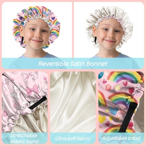 2 PCS Kids Bonnets for Girls Boys Satin Hair Bonnet Adjustable Double Layer Silk Child Night Sleeping Cap Cute-Bowknot3