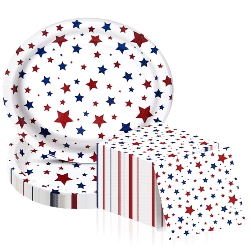 Dereinwo 50Pcs Patriotic Oval Paper Plates and Napkins -12 x 10 Large Disposable Heavy Duty Party Red Blue and White Plates and Napkins for 4th of July Independence Day Party Supplies