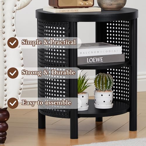 Image of 17 inch Black Round Side Table with Iron Rattan, Modern Unique Round Wood Nightstand Set of 2, 3-Tier Small Bedside End Table for Living Room, Bedroom (Black)