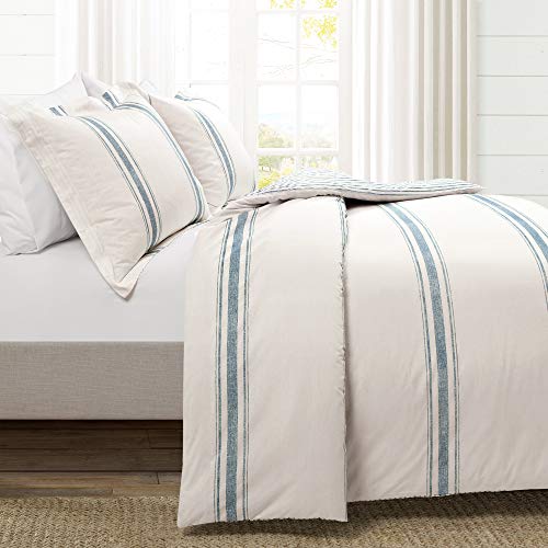 Image of Lush Decor Farmhouse Stripe Reversible Cotton Duvet Cover King Size 3 Piece Set Blue - Farmhouse Bedding Set King - Striped Duvet Cover