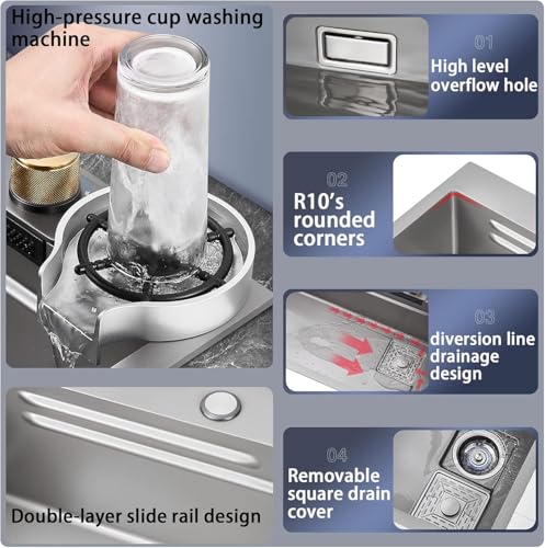 Image of LUXART Waterfall Anti-Scratch Silver Multifunctional Kitchen Sink - 30x18x9 Inch Honeycomb Design Multifunction Sink With Pull Down Faucet, Cup washer & Drain Baskets | Stainless Steel Kitchen Sink