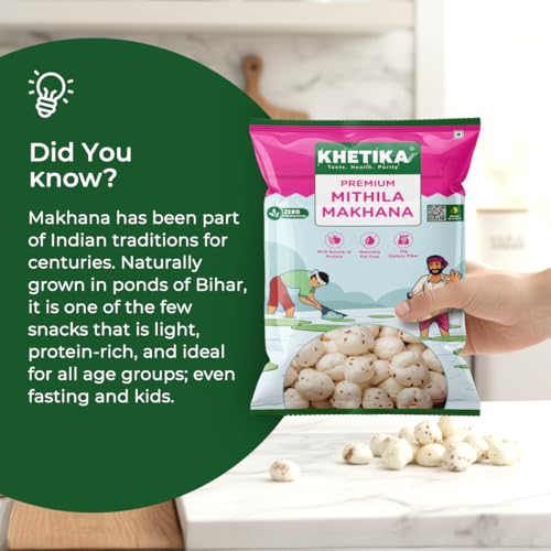 Image of Khetika Premium Mithila Makhana 100g | Dry Fruits in Fresh, Raw Foxnuts, Phool Makhana for Prasadam, Premium Lotus Puffs Seeds, Rich in Calcium, Natural & Crunchy, Fit for Fasting, Direct from Farm
