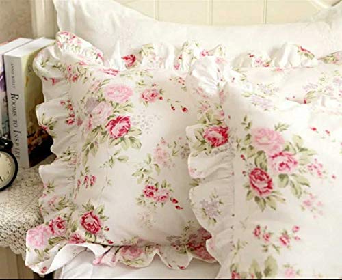 Kolachic Country Rose Roses Pink Floral Print Pillowcases Shabby Chic Vintage Ruffles Bedding Pillow Covers Cotton Fabric Material Standard