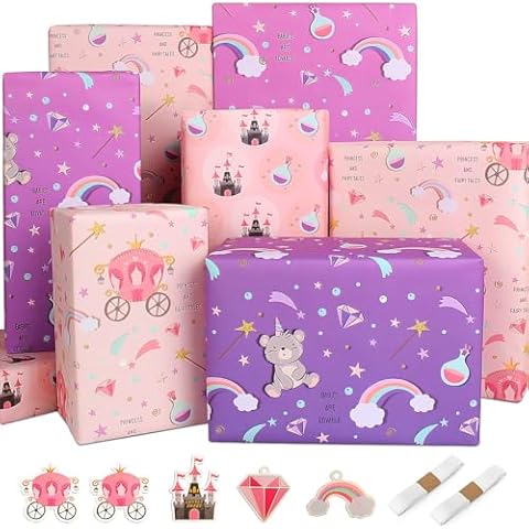 Edunass Wrapping Paper Girls Birthday Wrapping Paper Sheets,Purple Castle Pink Gift Wrapping Paper Set Gift Wrap Birthday Paper(6 Sheets 28" Lx20 W per Sheet) Cover