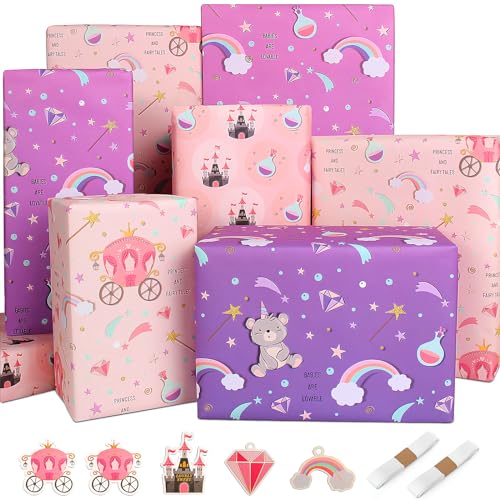 Papel de Regalo Bebé Niña Infantil Papel Regalo Cumpleaños Papel Envolver Regalo Papel Embrulho Aniversario Papel Cumpleaños Reciclado Castillo púrpura Arco Iris Papel de Regalo Rosa Set