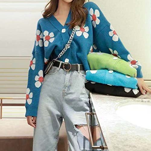 Image of Women's Long Sleeve Cardigan Sweater,Cute Y2K Top Knit Colorful Patterned V Neck Button Outwear S~XL