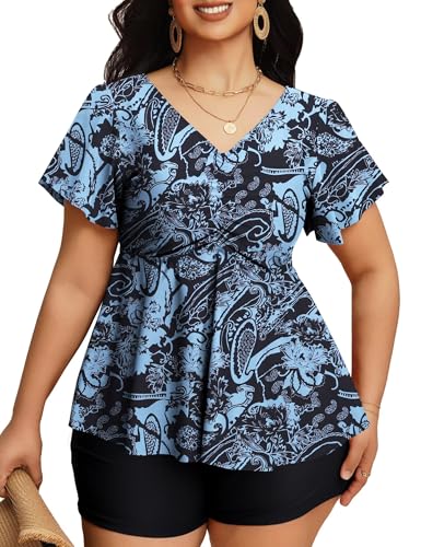 LIENRIDY Women's Plus Size Swimsuits Ruffled Sleeve Tummy Control Swimwear Two Piece Bathing Suits2