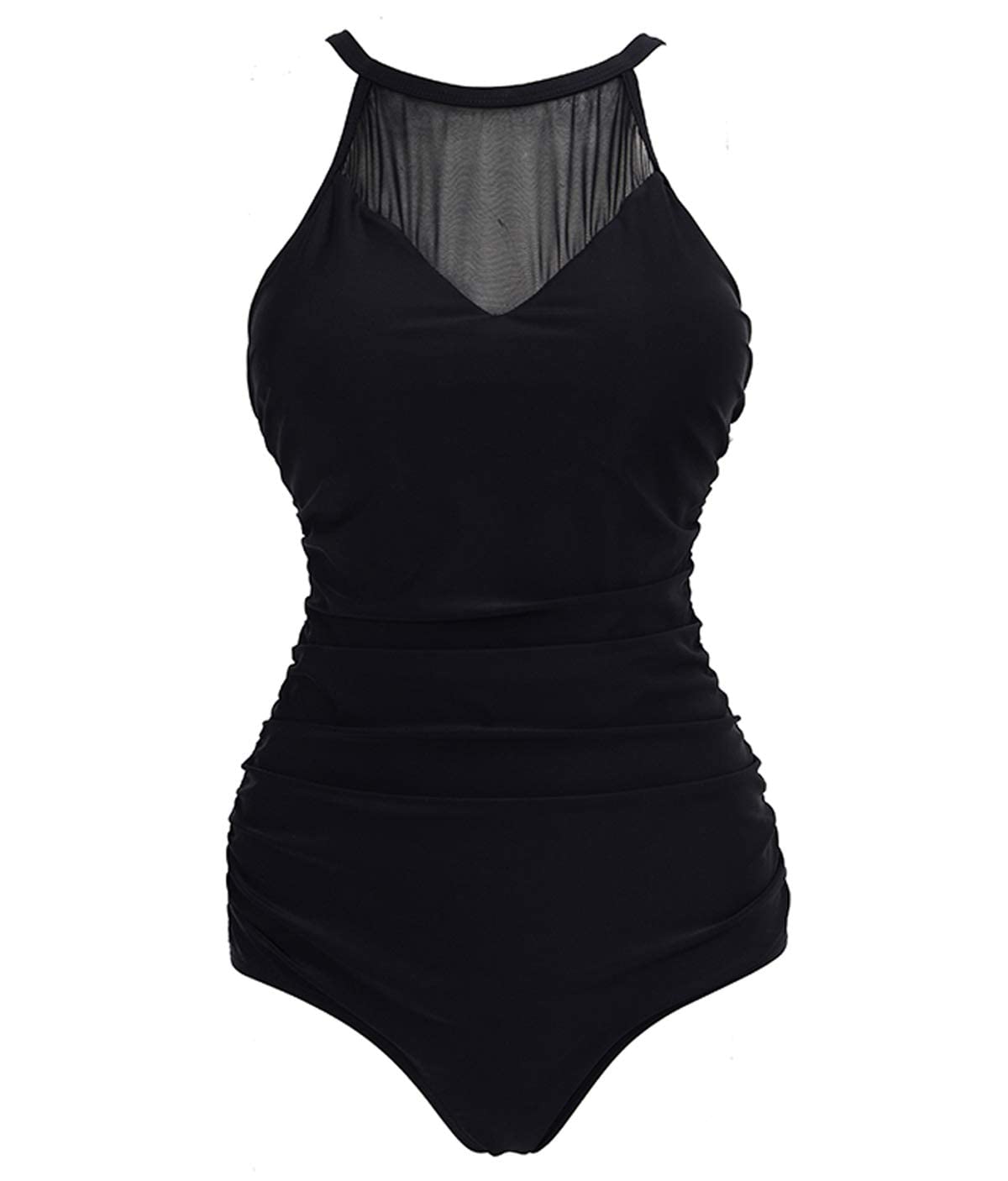 VILOREE Damen Schlankheits Badeanzug Raffung Einteiler High Neck Bademode Strandmode Schwarz #2 M