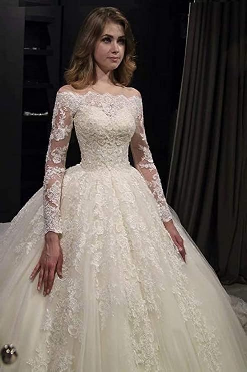 Snow Lotus Abito da Sposa in Pizzo con Spalle Scoperte da Donna Abiti da Sposa a Maniche Lunghe-Taglia Nuziale 38, Abito da Sposa Italiano Taglia: 38ESBAN