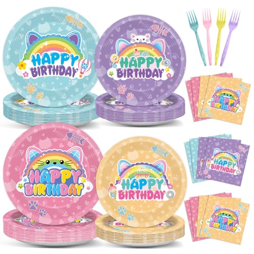 96 Pcs Cat House Party Paper Plates and Napkins Cartoon Dollhouse Birthday Party Decorations Kitten Disposable Dessert Plates Cat Themed Tableware Set Serves 24 Guests Kids Birthday Supplies