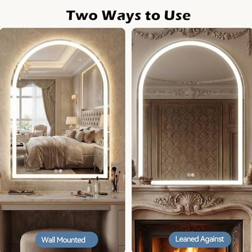 Image of Sweetcrispy 28 inchx36 inch LED Bathroom Backlit Mirror with Lights, Arched Vanity Mirror with Anti-Fog, Dimmable, 3-Color Light, Memory Function, Tempered Glass