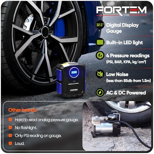 Image of FORTEM Tire Inflator Portable Air Compressor 150 PSI, 12V Electric Bike Pump for Car Tires and Bicycles with LED Light, Digital Tire Pressure Gauge w /Auto Shut Off, Carrying Case