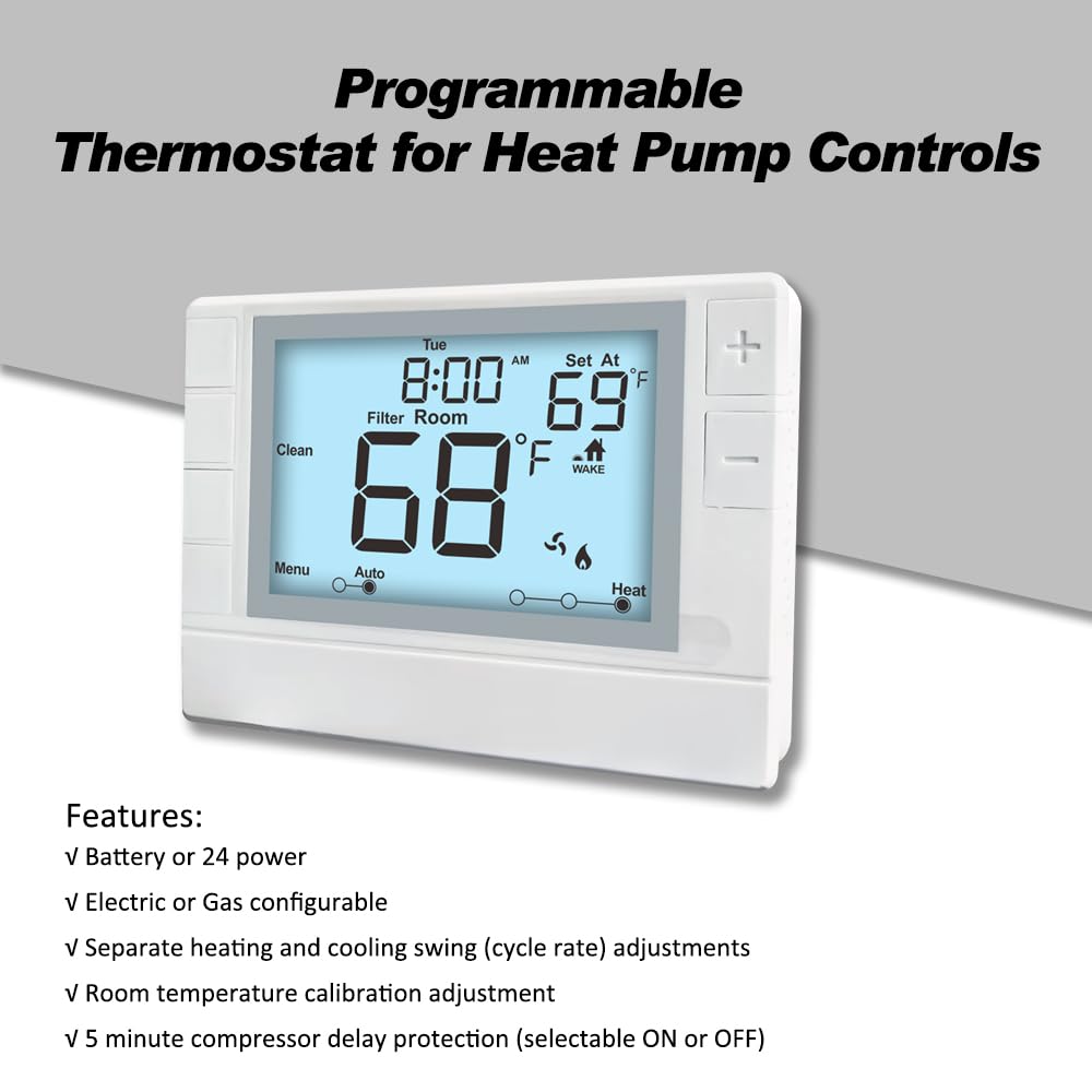 Termostato súper programable para el hogar, 2 bombas de calor frío/1 bomba de calor o 1 sistema convencional de calor/1 frío, retroiluminación blanca