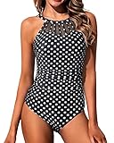Holipick Black Polka Dot Women High Neck One Piece Swimsuit Tummy Control Bathing Suit Mesh Swimwear...
