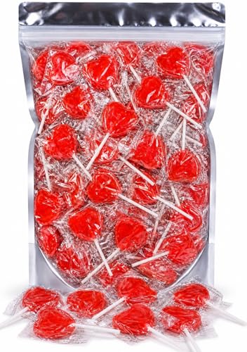 Heart Lollipops Bulk Pouch (4555 Lollies) Red Cherry Flavoured Heart Shaped Individually Wrapped Lolly Pops Hen Party Bag Fillers Wedding Favours Valentines & Love Heart Sweets Mystery Bag