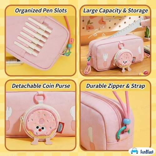 Image of FunBlast Pencil Pouch for Girls - Cartoon Pouch with Hanging Strap & Coin Pouch, Multipurpose Zipper Case, Aesthetic Pouches for Girl, Kawaii Pencil Case, Cute Pouches for Girls (Pink)