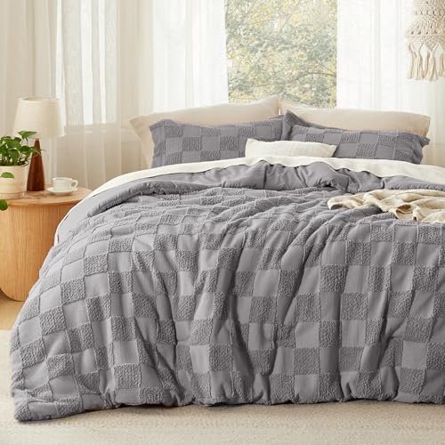 Image of Bedsure Grey King Size Comforter Set, Boho Tufted Bed Set, Checkered Farmhouse-Style Distressed Vintage Bedding, 3 Pieces, 1 Plaid Geometric Comforter and 2 Pillow Shams