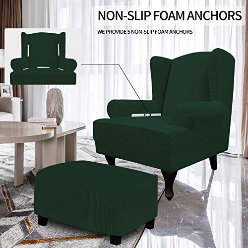 Image of Easy-Going Stretch Large Wingback Chair Sofa Slipcover Dark Green | 1-Piece Sofa Cover Furniture Protector Couch Soft with Elastic Bottom, Spandex Jacquard Fabric Small Checks