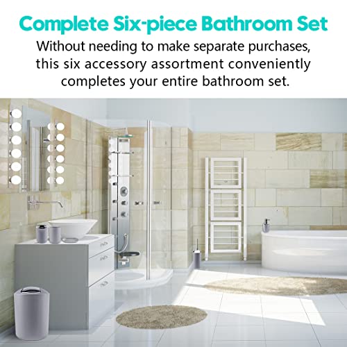 Image of Compact 6-Piece Grey Plastic Bathroom Accessories Set with Small Trash Can, Soap Dispenser, Toothbrush Holder, Cup, Soap Dish, Toilet Brush for Guest Bathroom Dorm Apartment
