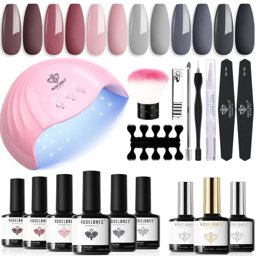 Modelones Gel Nail Polish Kit With 48W U V Light LED Nail Lamp, 6 Colors Nude Pink Gel Nail Polish Set with Glossy & Matte Top Coat/Base Coat/Nail Dryer/Manicure Starter Kit Nail Art DIY Salon at Home