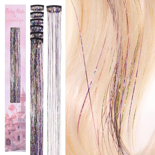 Image of WENNALIFE Hair Tinsel Clip In for Girls Rainbow, 6pcs 24 inch Colorful Glitter Sparkle Fairy Hair Accessories for Kids Clip in Colorful Glitter Tinsel Hair