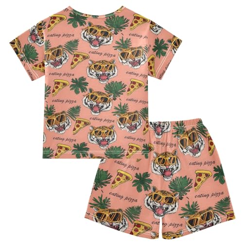Tiger with Pizza Cartoon Pattern Summer Cute Pajama Sets, Short Sets for Daily Wears and Sleep Wears2