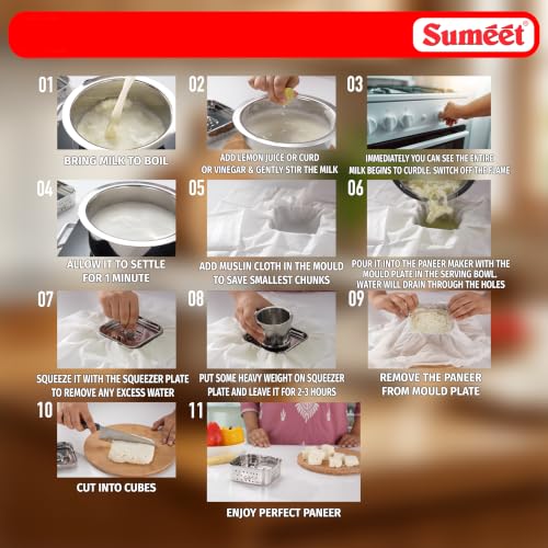 Image of Sumeet Stainless Steel Square Shape Paneer /Tofu /Sprout Maker /Mould /Press, Easy and Perfact for Home Made Healthy Paneer, 10cm Dia, 200gms Paneer from 1 liter Milk, Silver