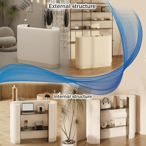 受付カウンター レジ 受付台カウンターテーブル 折り畳みこむ演説台 おしゃれ多機能なしたモダンデザイン 小型受付デスク、フロントデスク受付カウンター、2つの可動棚付きモダンディスプレイラック、チェックアウトスタンド、小売カウンターチェックアウトテーブル、ホテルロビーオフィスバー衣料品店用(White)