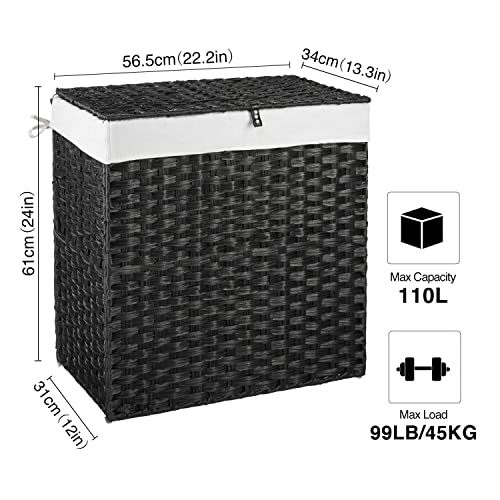 Greenstell Laundry Hamper With Lid, No Install Needed, 110L Wicker Laundry Baskets Foldable 2 Removable Liner Bags, 2 Section Clothes Hamper Handwoven Synthetic Rattan Laundry Basket With Handles, Black 22.2X13.3X24.0 Inches #TOP5