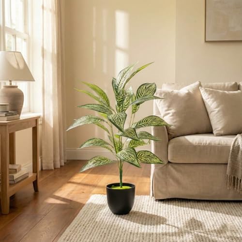 Image of Dekorly Artificial Plant Leaves Tropical Monstera Large Artificial Plants Fake Zebra Leaf Plastic Palm Tree Branch for Home Garden Decor | 26 Leaves (WithPot-Green-A, Height : 76CM)