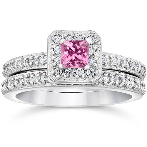 Princess Cut Pink Sapphire 1 1/3Ct Pave Vintage Diamond Ring Set 14K White Gold - Size 7 #TOP28