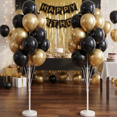 Image of Balloon Column Kit for Floor-Balloon Columns with Stand, Base and Pole,Balloon Tower Backdrop Decoration for Wedding, Baby Shower, Birthday Party, or Bachelorette Parties (Black Gold)