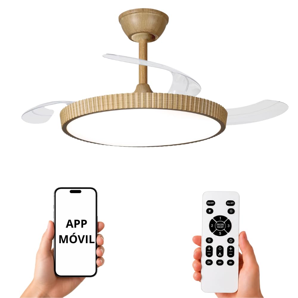 NARVI Ventilador de Techo Madera Haya Ø107 cm con Luz LED Regulable, Motor DC Silencioso de Bajo Consumo, Lámpara Ventilador con Mando, 3 Aspas Retráctiles, MANHATTAN 8996 WDNL. Potencia 60W