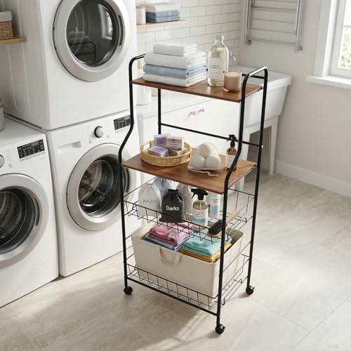 Image of Lukzer 4-Tier Kitchen Storage Rack & Microwave Oven Stand with Wheels Engineered Wood Shelf & Metal Wire Basket Rolling Cart for Kitchen Pantry & Home Organizer (Black & Oak Brown /41x56x126cm) CH-092