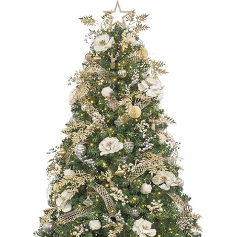 KI Store 7ft Christmas Tree with Decorations and Lights Remote and Timer Champagne Christmas Tree Decorations Including 7 Feet Full Tree, Ornaments, USB LED String Lights Cover
