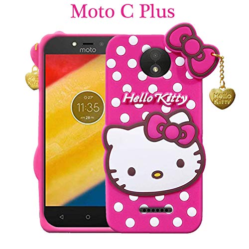 Image of Unirock Hello Kitty Back Case Cover for Moto C Plus| 3D Cute Hello Kitty Case |Soft Silicone Rubber Back Cover with Pendant Kitty Cover for Moto C Plus (Pink)