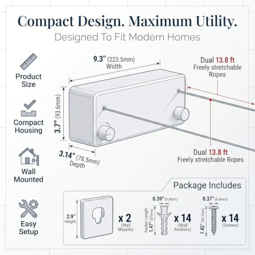 Image of Retractable Heavy Duty Double Clothesline for Drying Clothes Indoor Outdoor | Dual 13.8 ft Stainless Steel Ropes | Wall Mounted or No-Drill Laundry Drying Rack for Balcony(Dual Liner White)