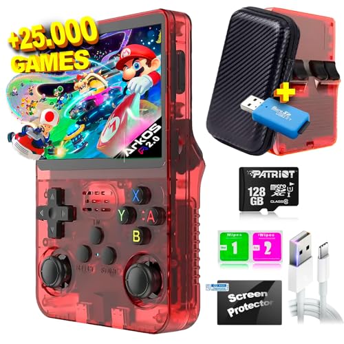 R36S Consola Retro Portatil con 25000 Juegos +25 Emuladores 128GB - Mini Consola Portatil, Consolas: PS1, PSP, N64, NDS... HD IPS de 3.5' 640 * 480-4 Core 1.6 GHz y RAM 1GB (Rojo transparente, 128GB)