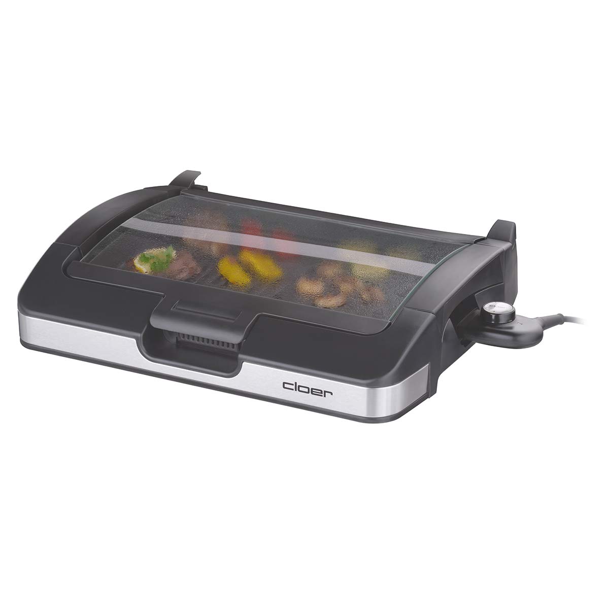 Cloer 6720 Parrilla de barbacoa con placa de parrilla de aluminio fundido a presión, revestimiento antiadherente, Tapa de cristal, 2200 vatios, Superficie de la parrilla: 29 cm x 39 cm