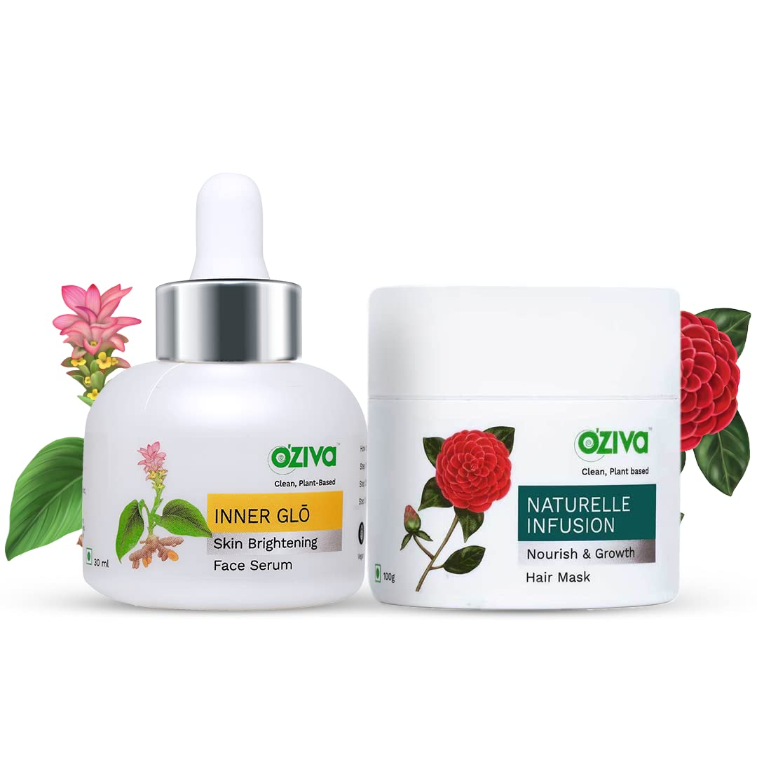 OZiva Inner Glo Face Serum (with Phyto Niacinamide & Neem) For Acne Control 30 ml + OZiva Naturelle Infusion Hair mask (with Camellia & Shikakai) For Hair Growth 100 g, Combo Pack