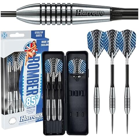Harrows Bomber Darts, 85% Tungsten Steel Tip Darts Set 21g, 23g, 25g & 27g - Includes High-Grade Shafts, Aerodynamic Dart Flights & Convenient Travel Case Cover