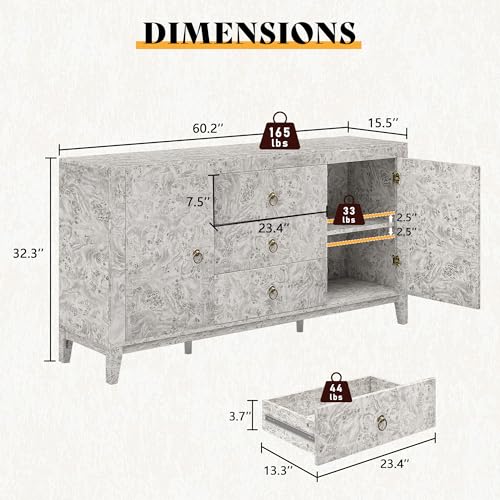 Image of AMERLIFE 60 inch High Gloss Burl Buffet Sideboard Storage Cabinet with Drawers
