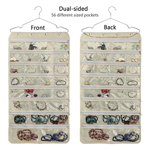 BB Brotrade Hanging Jewelry Organizer with Oxford Dual Side 56 Zippered Storage Pocket(Beige)