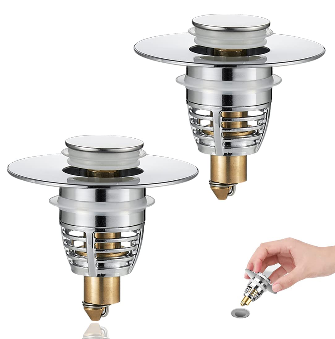 MAKINGTEC Pop Up Sink Strainer, 2Pack Universal Bathroom Sink Stopper Drain Strainer with Hair Catcher for 1.06 to 1.6in Standard Drain Holes, Bullet Core Push Type Stainless Steel Plug