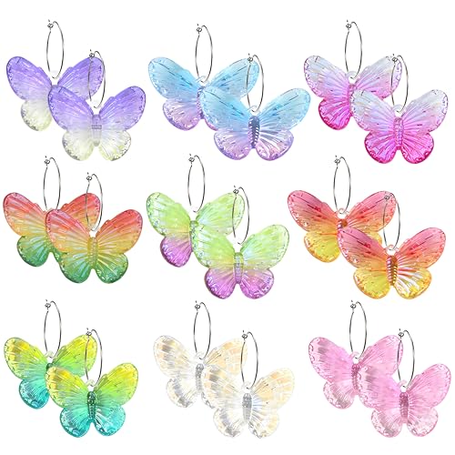 Boucles d'oreilles créoles acrylique femme lot 9 paires papillon pendantes
